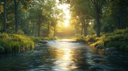 Serene river scene with sunlight filtering through lush trees.