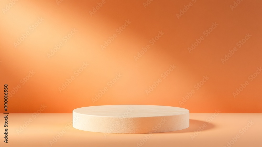 Poster minimalist mockup featuring circular cream podium on orange background with soft texture and warm di