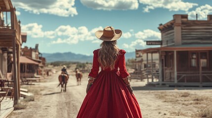 woman of the wild west in a stylish dress, exploring a cowboy town, reflecting the culture, heritage, and rugged beauty of frontier life in a historical outdoor setting
