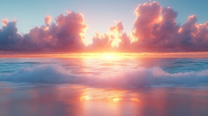 Obraz premium Serene sunset over ocean waves with colorful clouds.