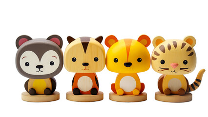 Naklejka premium A set of four adorable animal figurines, including a bear, chipmunk, lion, and tiger, lined up