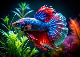Fototapeta premium Vibrant Paradise Betta Fish Swimming Gracefully in Crystal Clear Water Surrounded by Aquatic Plants
