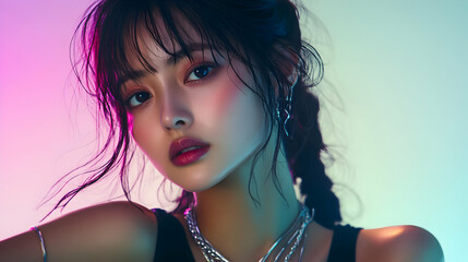 Naklejka premium Young Woman with Trendy Hairstyle and Makeup Poses in Neon Light