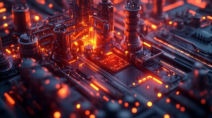 A glowing factory model overlaid with abstract tech patterns and data streams, depicting the concept of a smart, automated manufacturing environment