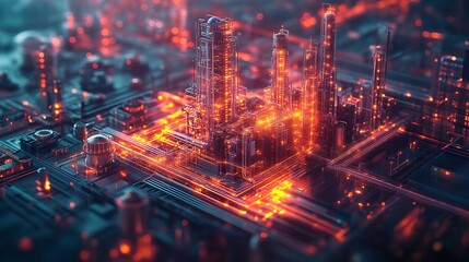 Obraz premium A high-tech visualization of a smart factory with transparent, glowing components and digital data streams flowing through the structure