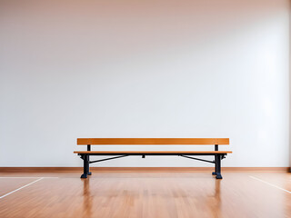 Wooden bench standing on floor in empty sport gymnasium hall. School gym with bench against white blank wall