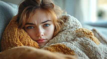young woman lying down on the sofa, covered with a blanket due to winter cold or flu, battling symptoms and finding comfort indoors while she recovers from illness