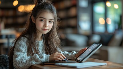 Fototapeta premium Young Woman Working on Tablet in Cafe