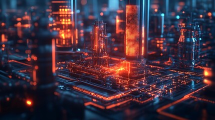 Obraz premium An abstract tech background showcasing a smart factory environment with interconnected machinery and a glowing grid of data