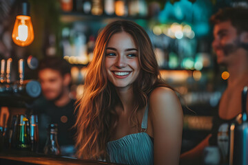 Fototapeta premium Happy Woman Smiling in Bar with Blurred Background