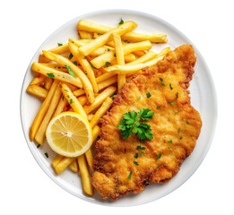 Plate with French fries and chicken schnitzel isolated on transparent background