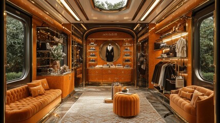 Fototapeta premium Luxury Train Car Interior with Gold Trim and Velvet Sofas