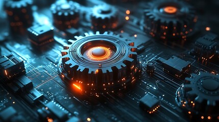 Digital gears and circuit lines intertwining over a dark background, symbolizing the connectivity and efficiency of a smart factory