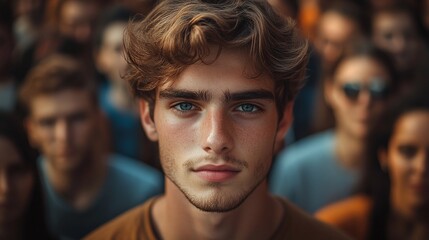 Fototapeta premium young man standing out in a big crowd, looking at the camera with a handsome and confident expression, showcasing his individuality in the middle of a dynamic city street setting
