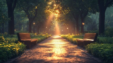 Obraz premium Serene park pathway illuminated by sunset rays.