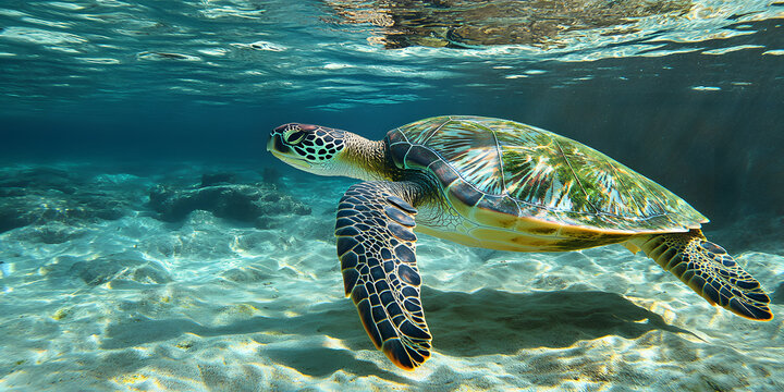 Sea Turtle Swimming in Clear Shallow Waters