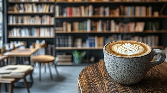 A cup of latte art with a blurred bookshelf in the background.
