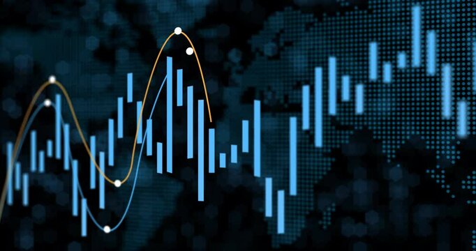 Stock market, blue and lines for finance with bar graph for supply chain, commodity price increase or decrease. Chart information, digital and stats of economic inflation, cost and value or rates.