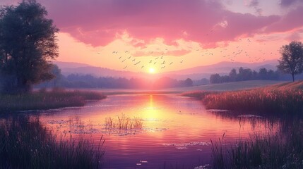 Obraz premium Serene sunset over a tranquil lake with vibrant colors.