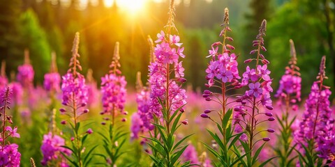 Obraz premium Vibrant Rosebay Willow Herb Plant in Bloom Against a Natural Green Background in Summer Sunshine