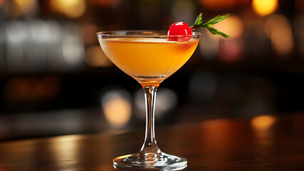 This is a cocktail glass with an amber-colored drink, a cherry on a stick, and a blurred background.