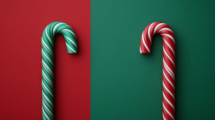 Obraz premium Two colorful candy canes, one green and white, the other red and white, placed on a split background of red and green, perfect for festive themes.