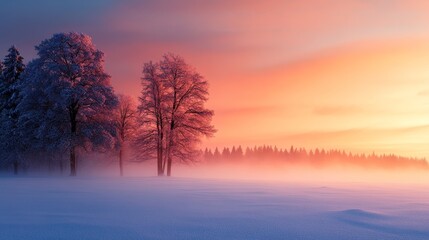 Fototapeta premium A breathtaking winter landscape with snow-covered trees, bathed in the soft glow of a sunrise, creating a sense of peace and tranquility. The fog adds a sense of mystery and wonder.