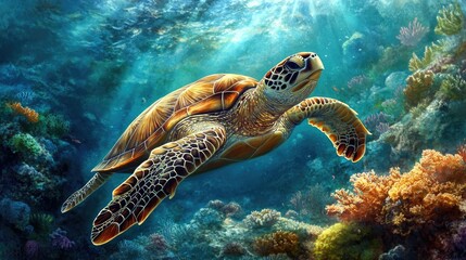 Obraz premium A sea turtle swimming gracefully underwater, surrounded by coral and colorful marine life, advocating for marine protection.