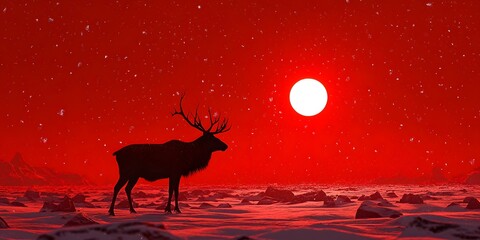 3D illustration of a black reindeer silhouette standing against a vibrant red snowy landscape, evoking a festive and dramatic holiday scene.

