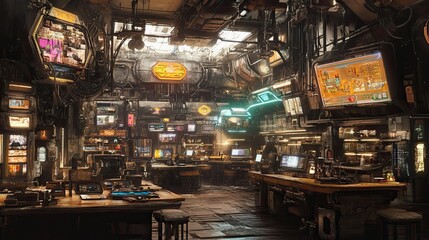 Futuristic Interior with Numerous Screens and Industrial Design Elements