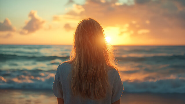 A person with long blonde hair is standing on a beach watching the sunset over the ocean.