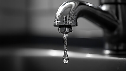 a faucet with water droplets dripping from it, the image is in black and white.