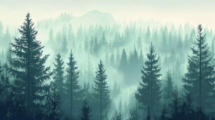 Fototapeta premium Misty landscape with fir forest in nice hipster vintage retro style