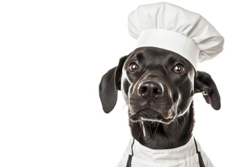 Dog wearing a chef's hat and apron, isolated on white background