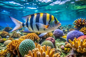 Fototapeta premium Vibrant Sergeant Major Fish Swimming Among Coral in Clear Tropical Waters of the Caribbean Sea
