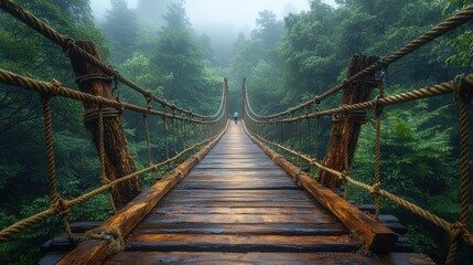 Fototapeta premium Wooden Rope Bridge in Foggy Forest