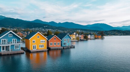Fototapeta premium Sustainable Waterfront Community with Colorful Houses and Scenic Mountain Views Representing Environment Social Governance (ESG) Concepts