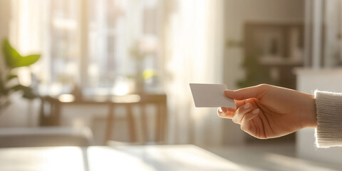 real estate agent handing business card to client in bright, modern office setting. warm light creates welcoming atmosphere, enhancing professional interaction