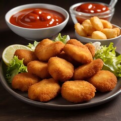 Delicious fresh Chicken Nuggets assortment with Tomato Sauce with some salad served, Chicken nuggets with crispy meat snack, Chicken nuggets made at home
