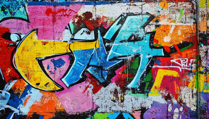A graffiti-covered urban wall, showcasing vibrant colors, bold lines, and an edgy, artistic vibe