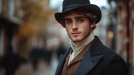 young British gentleman from the 19th century, dressed in aristocratic Victorian fashion, standing on a historical city street, showcasing classic and timeless style in a sophisticated portrait