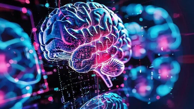 Abstract 3d illustration of a digital brain surrounded by digital data and binary code, symbolizing concepts like artificial intelligence, neurotechnology and neural enhancement