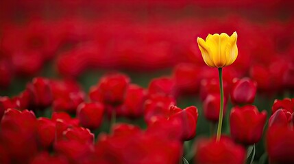 Obraz premium A single yellow tulip standing tall in a field of red tulips, creating a striking contrast.