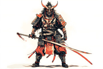 日本の伝統的な鎧と刀を持つSHOUGUNのアート。力強いサムライ武士のイラスト