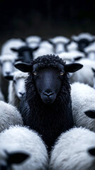 A black sheep stands out in the middle of an crowd with white sheep. The concept shows individuality and different thinking