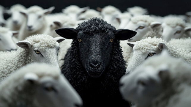 A black sheep stands out in the middle of an crowd with white sheep. The concept shows individuality and different thinking