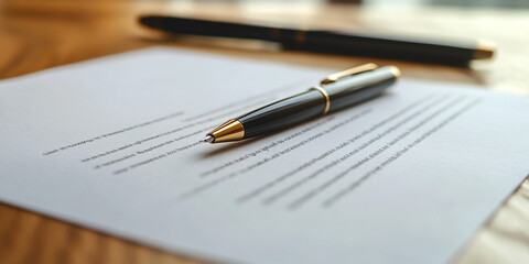 close up view of real estate contract on wooden table, featuring sleek pen ready for signing. This image captures essence of professionalism and commitment in real estate transactions