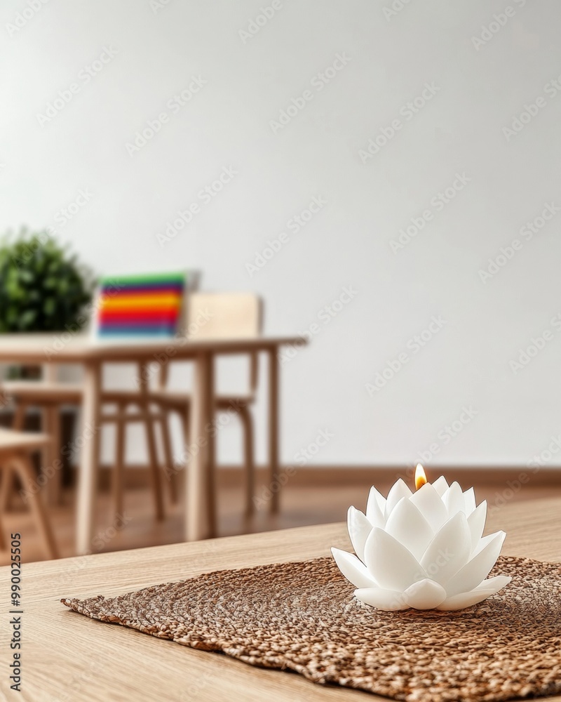 Poster Peaceful Classroom Scene with Lotus Candle and Soft Glow Creating Serenity in a Calm Educational Environment
