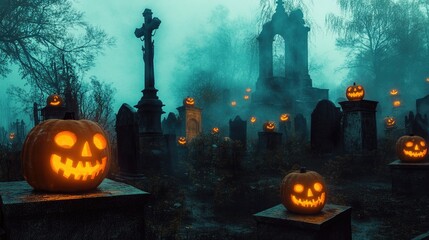 A spooky graveyard at dusk with glowing jack-o'-lanterns placed on tombstones, surrounded by fog.