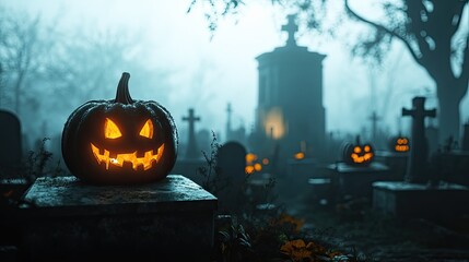 A spooky graveyard at dusk with glowing jack-o'-lanterns placed on tombstones, surrounded by fog and eerie shadows.